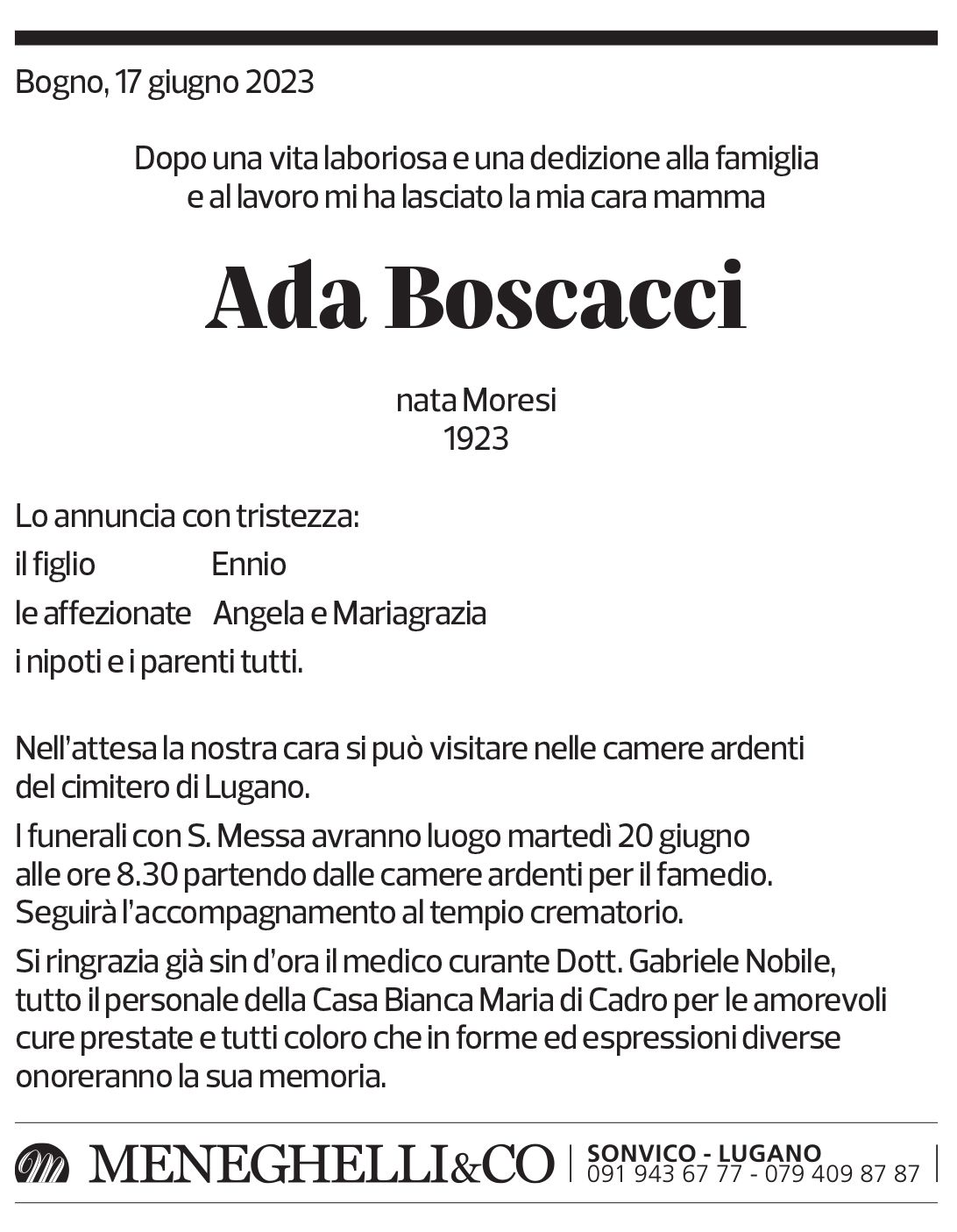 Annuncio funebre Ada Boscacci