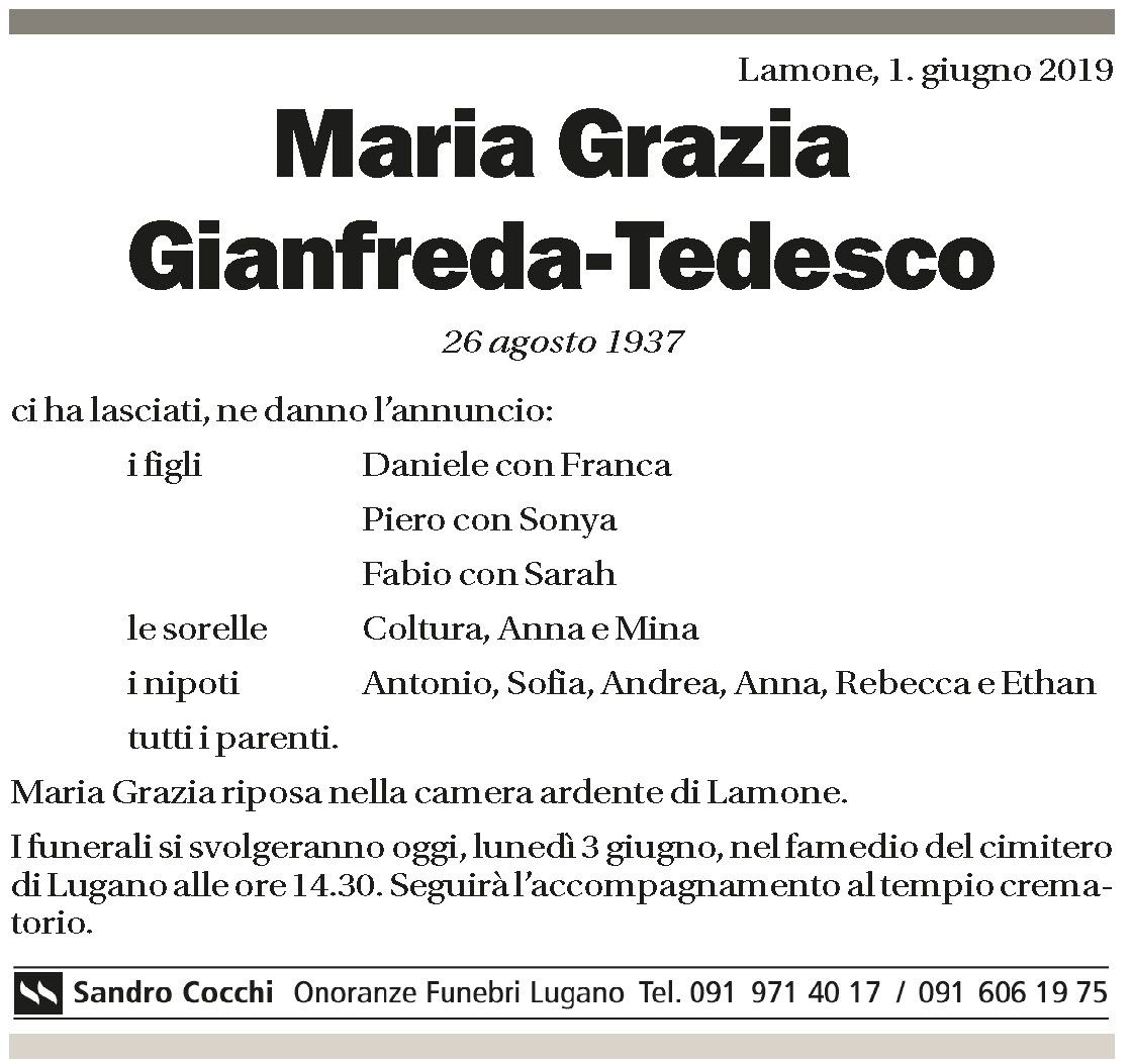 Annuncio funebre Maria Grazia Gianfreda-tedesco
