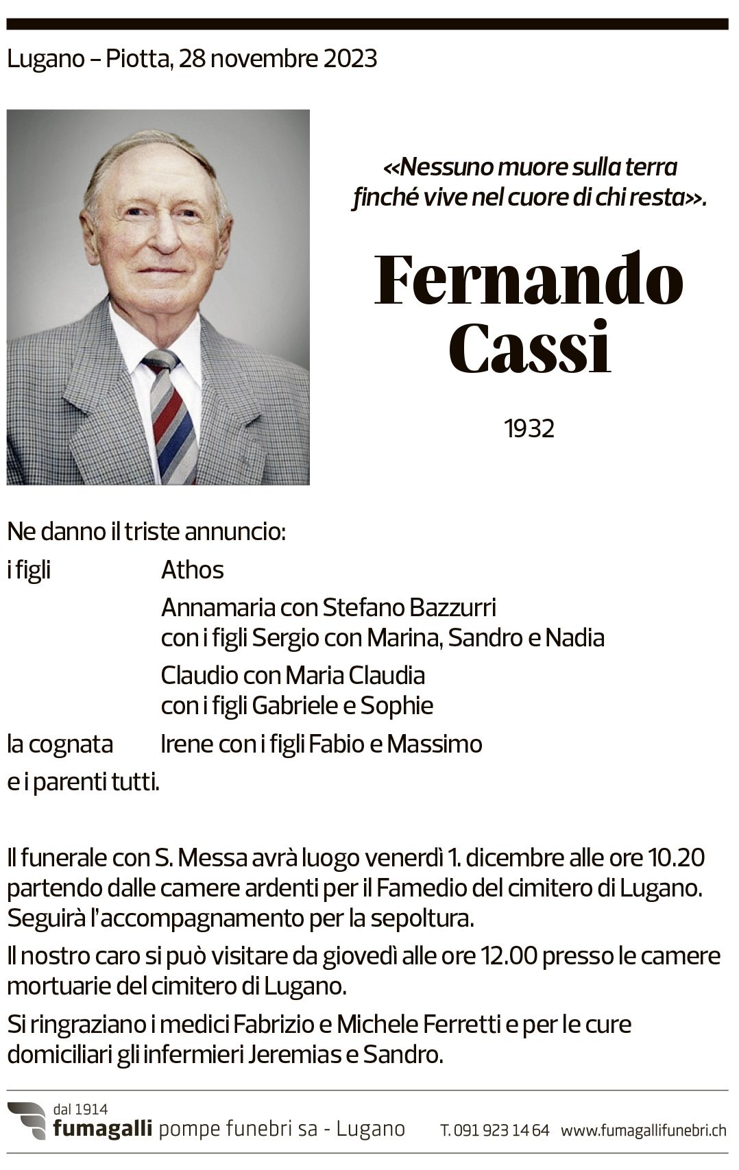 Annuncio funebre Fernando Cassi
