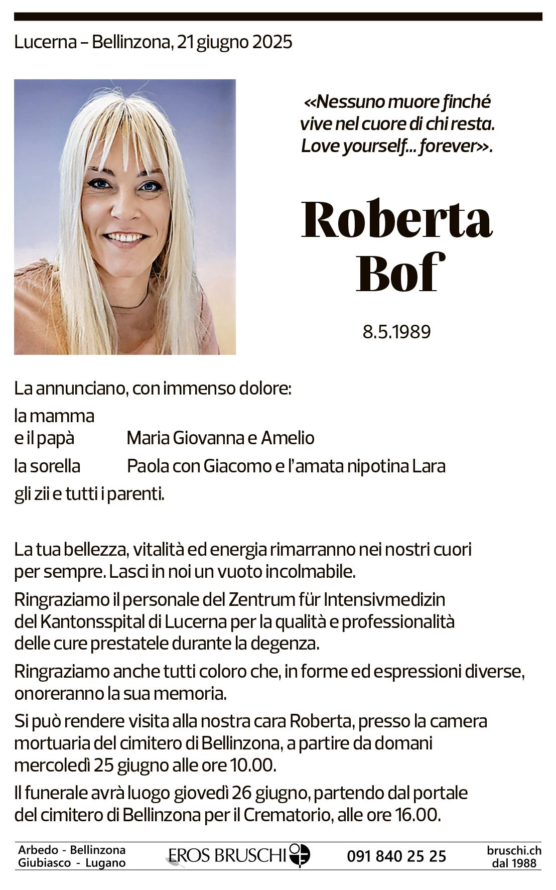 Annuncio funebre Roberta Bof