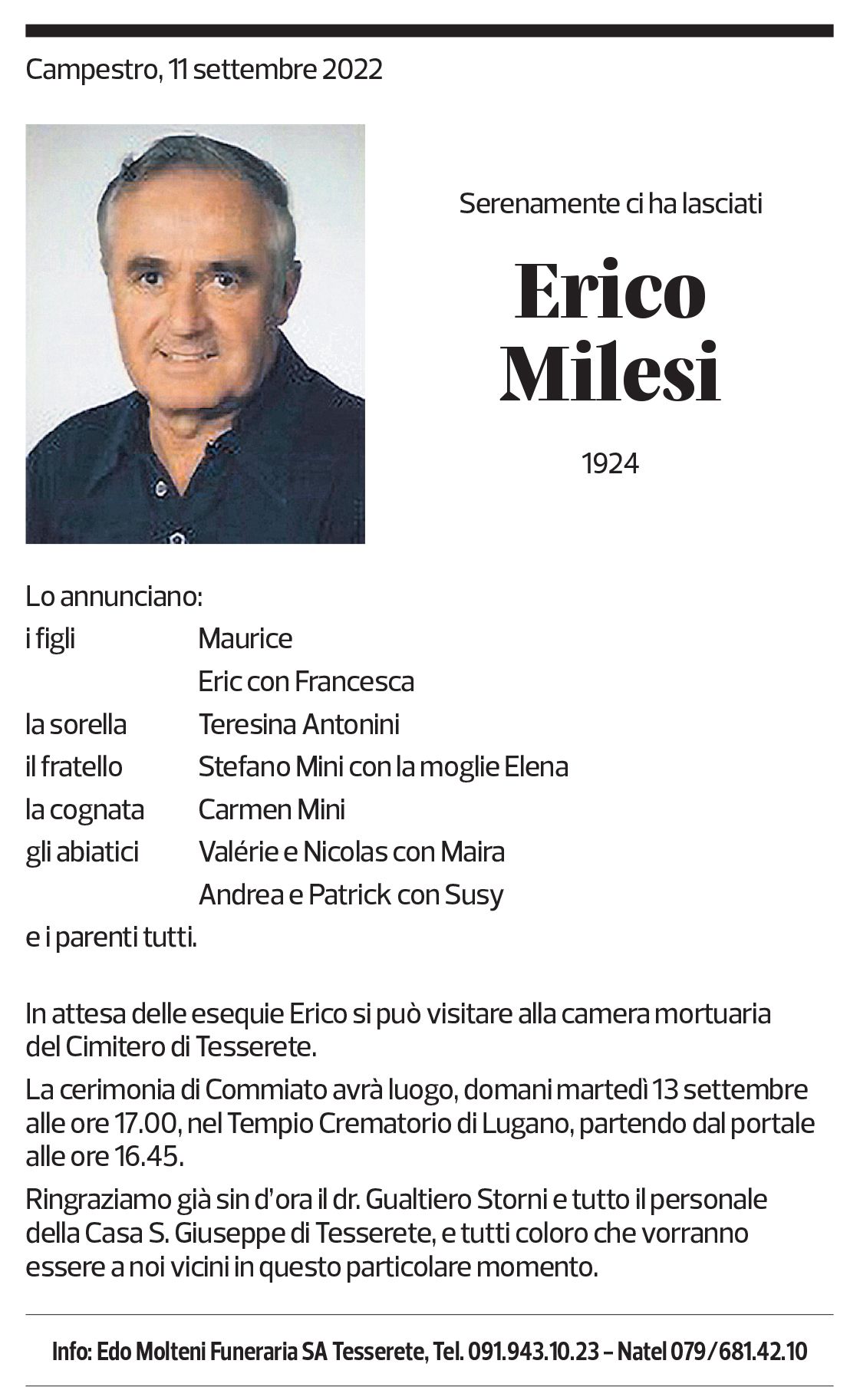 Annuncio funebre Erico Milesi