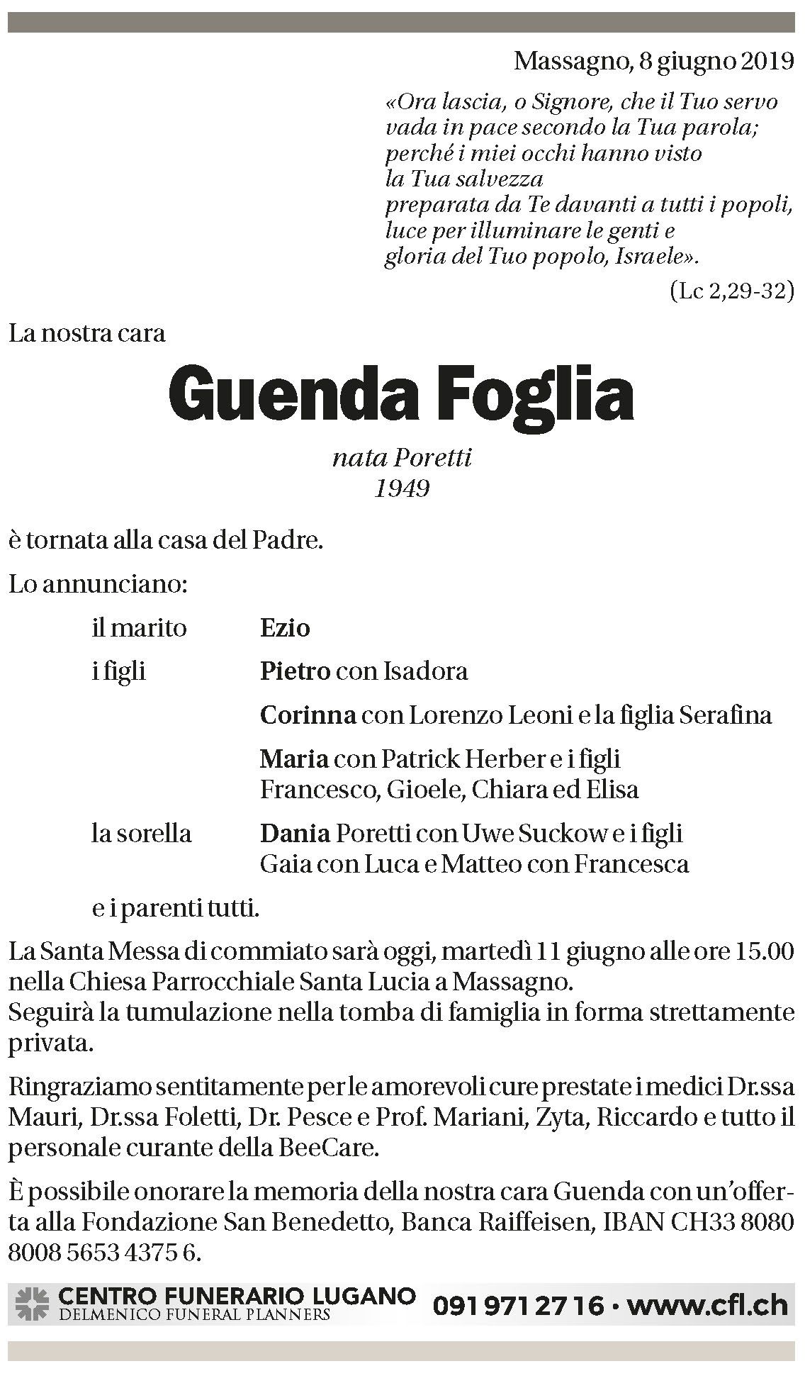 Annuncio funebre Guenda Foglia