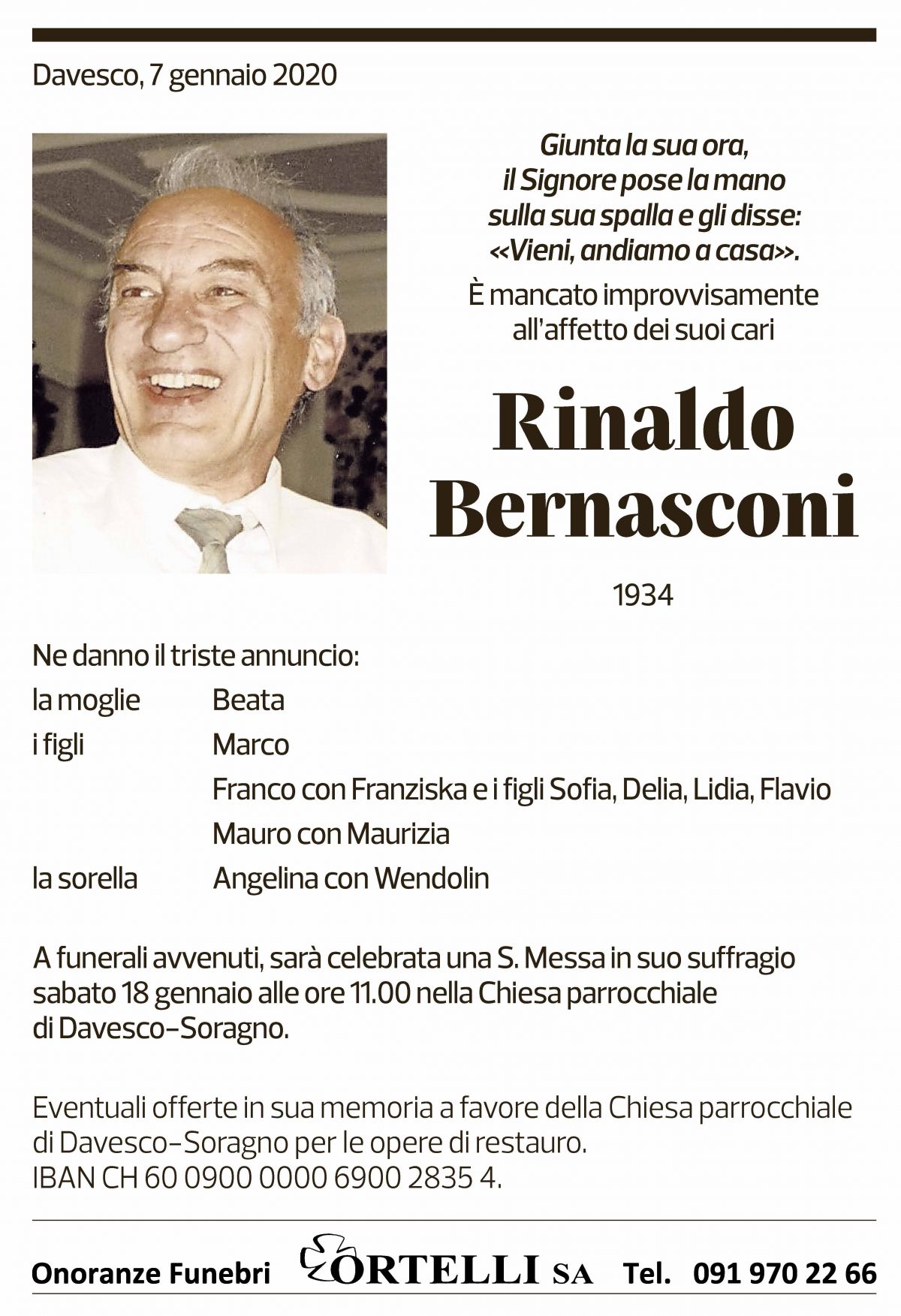 Annuncio funebre Rinaldo Bernasconi