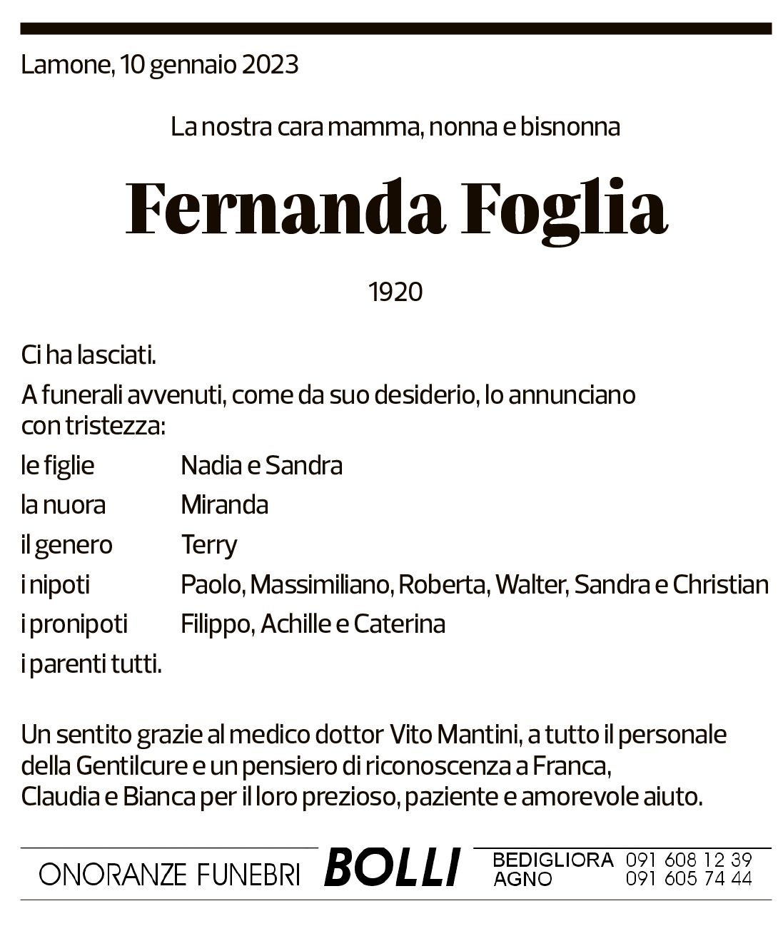 Annuncio funebre Fernanda Foglia