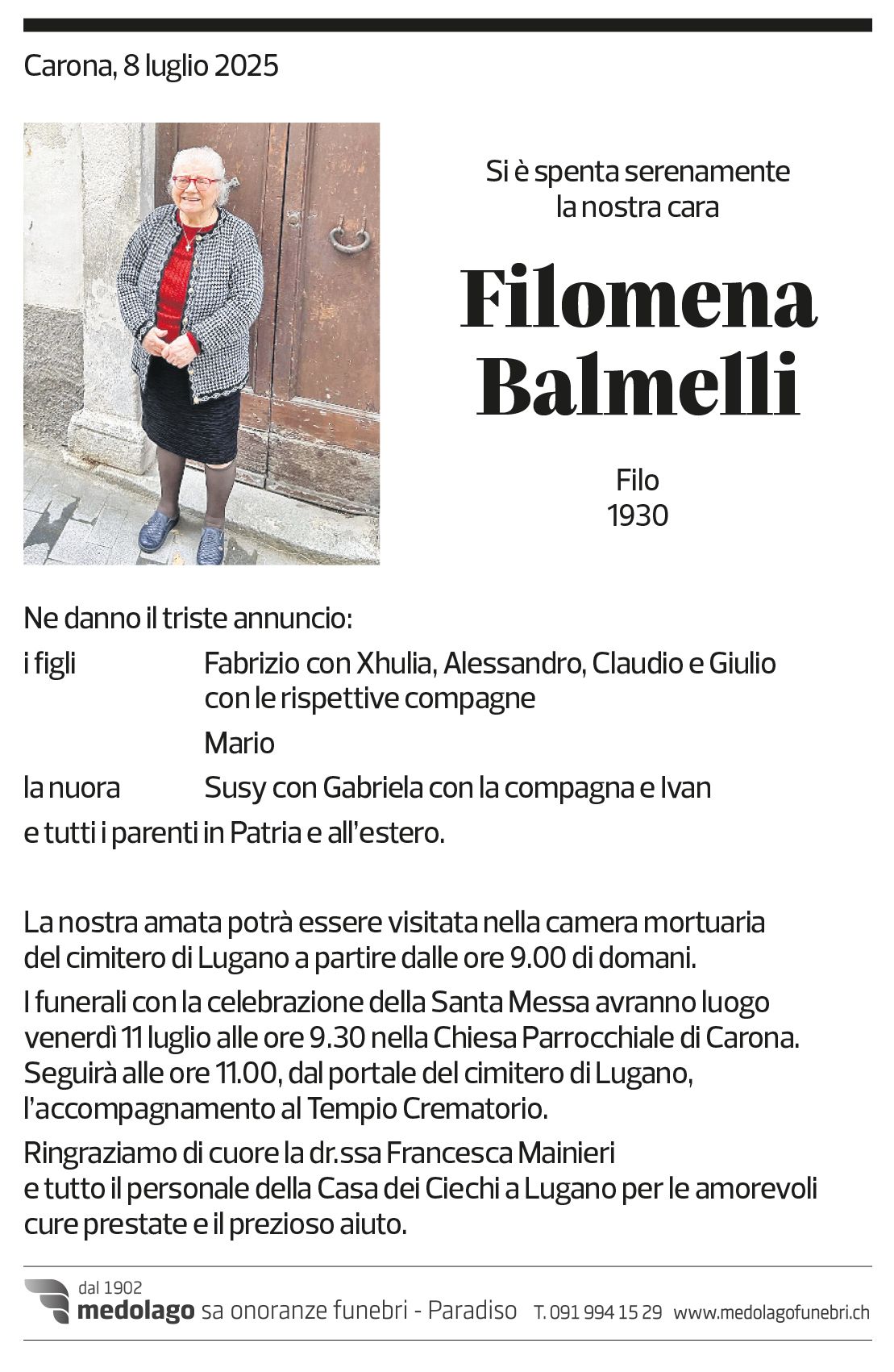 Annuncio funebre Filomena Balmelli