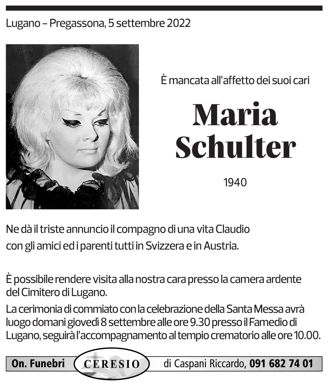 Annuncio funebre Maria Schulter