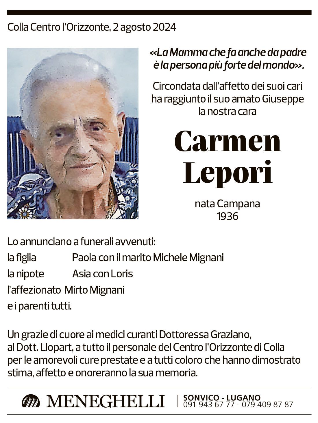 Annuncio funebre Carmen Lepori