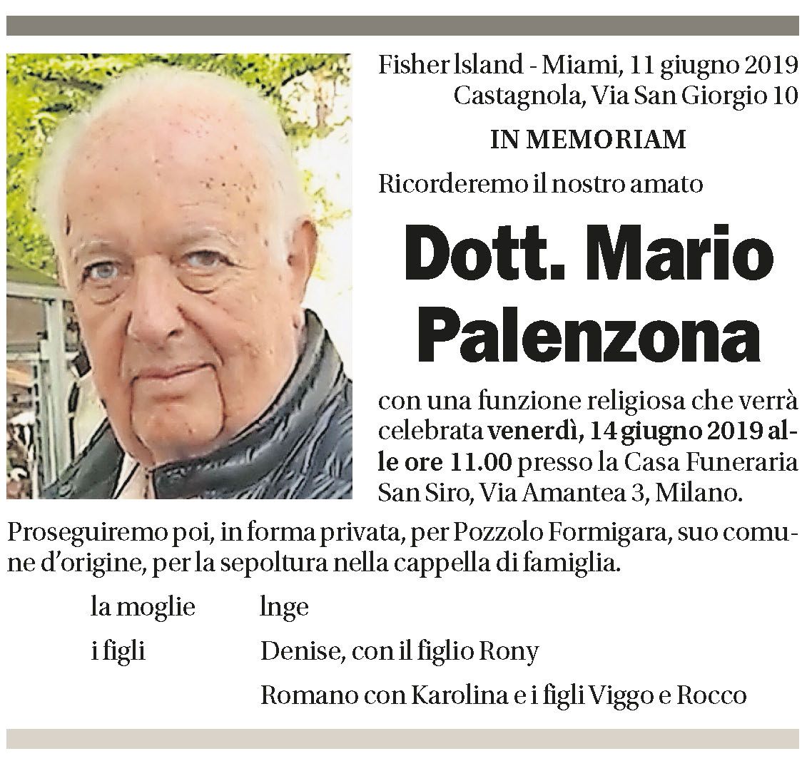 Annuncio funebre Mario Palenzona