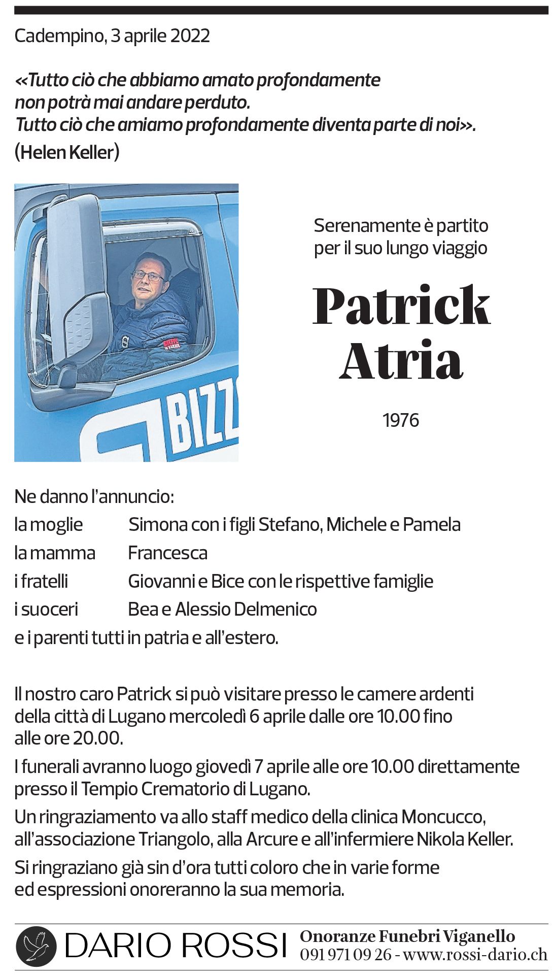 Annuncio funebre Patrick Atria