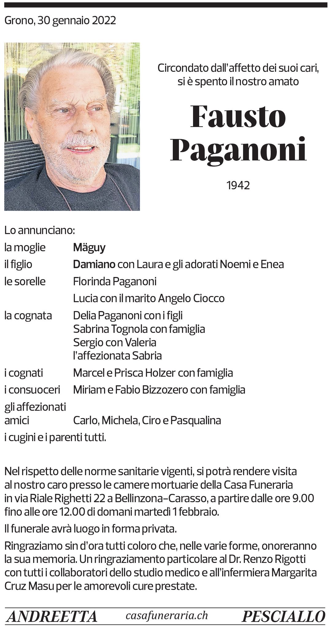 Annuncio funebre Fausto Paganoni