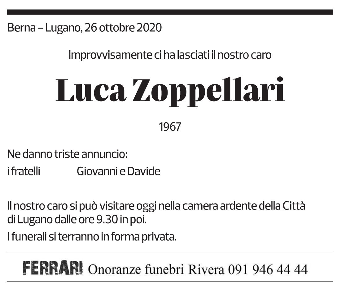 Annuncio funebre Luca Zoppellari