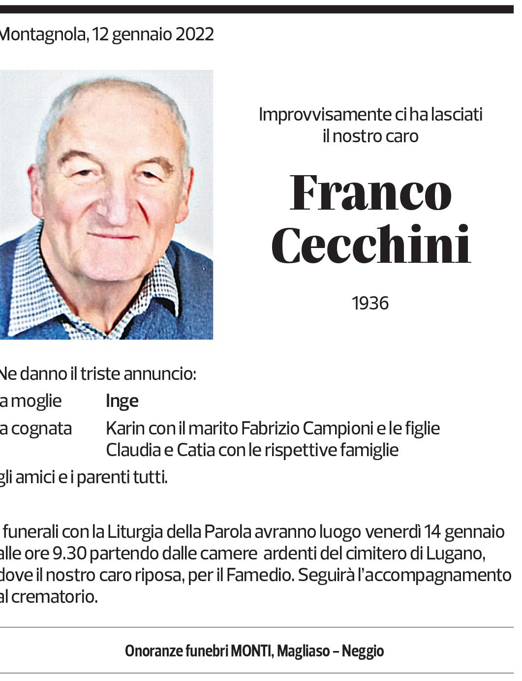 Annuncio funebre Franco Cecchini