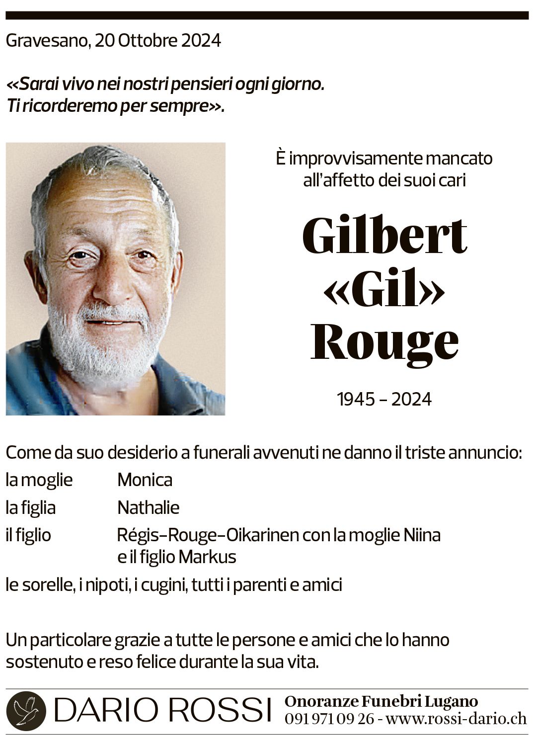 Annuncio funebre Gilbert Rouge