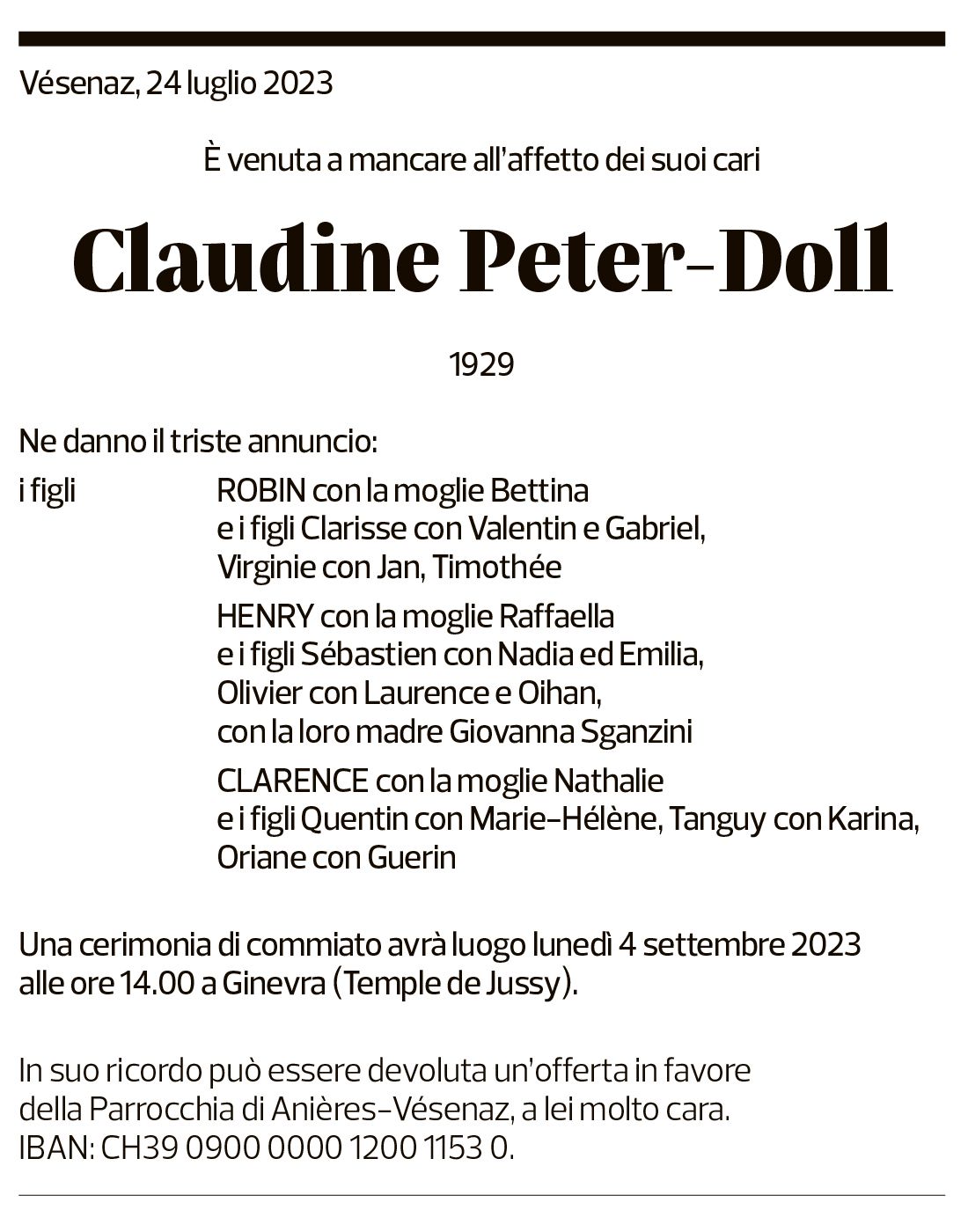 Annuncio funebre Claudine Peter-doll