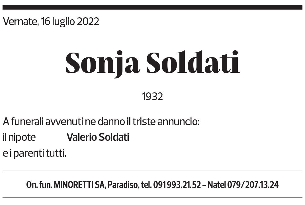 Annuncio funebre Sonja Soldati