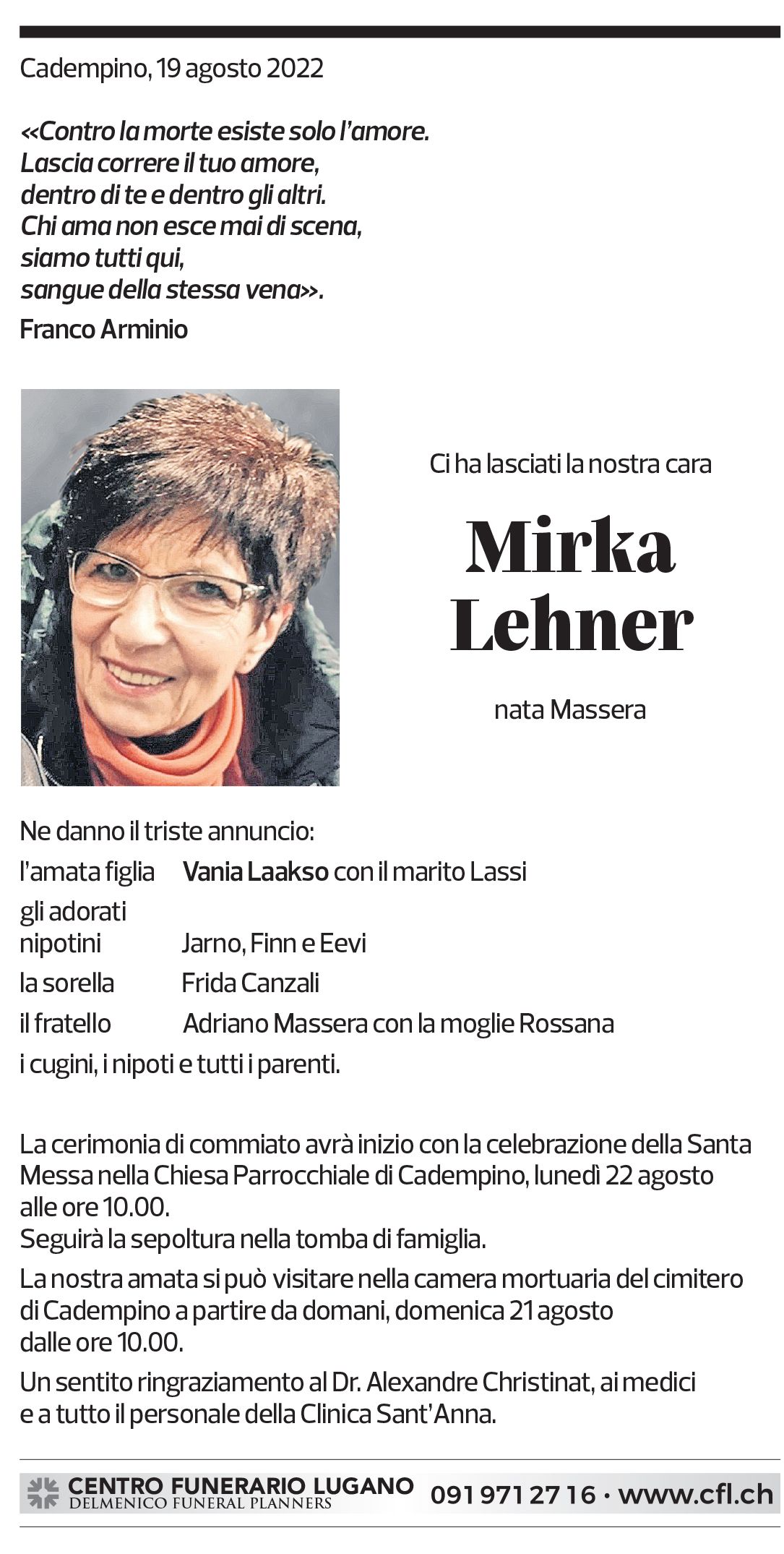 Annuncio funebre Mirka Lehner