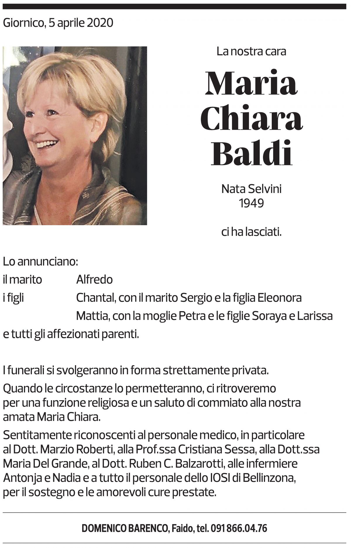 Annuncio funebre Maria Chiara Baldi