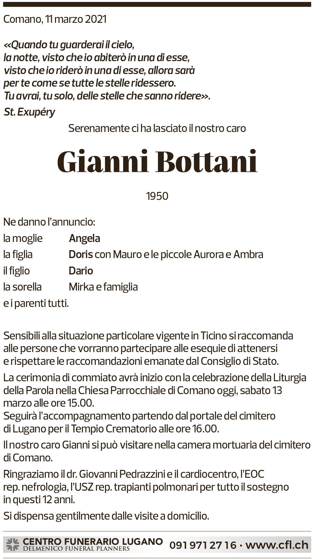 Annuncio funebre Gianni Bottani