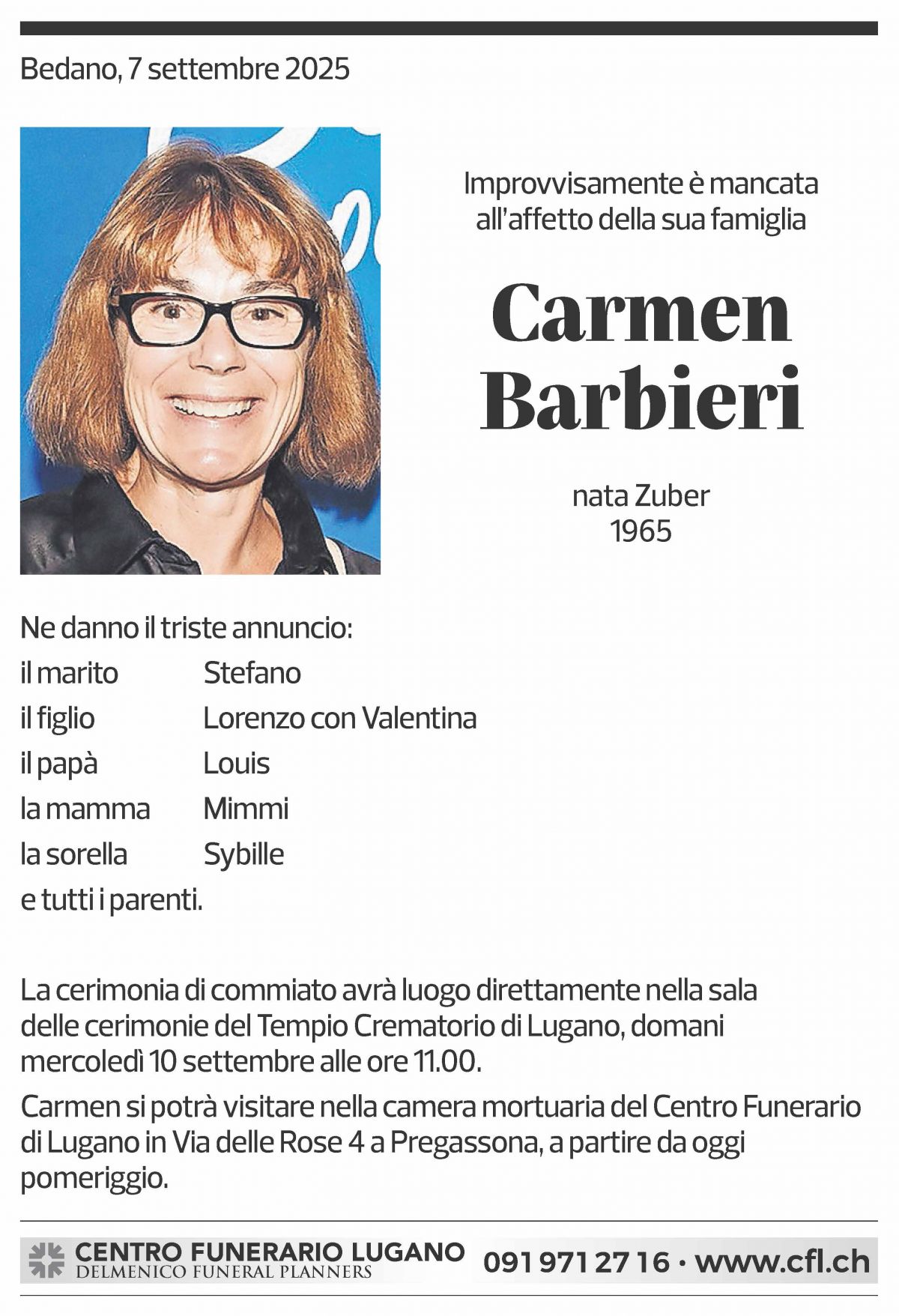 Annuncio funebre Carmen Barbieri