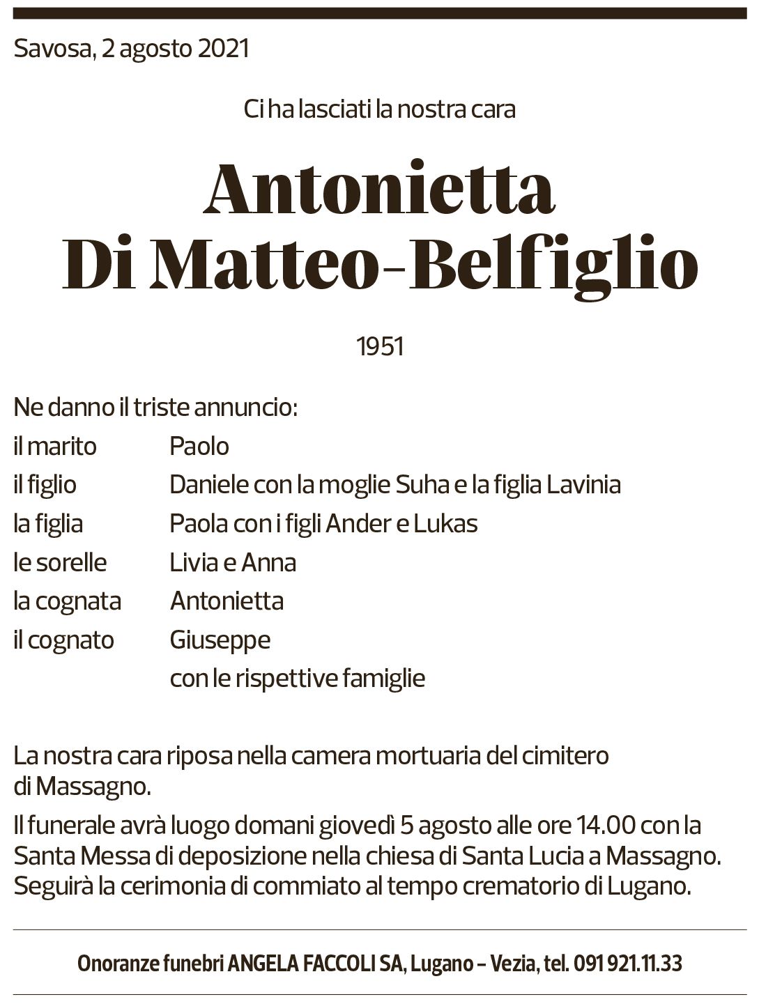 Annuncio funebre Antonietta Di Matteo-belfiglio