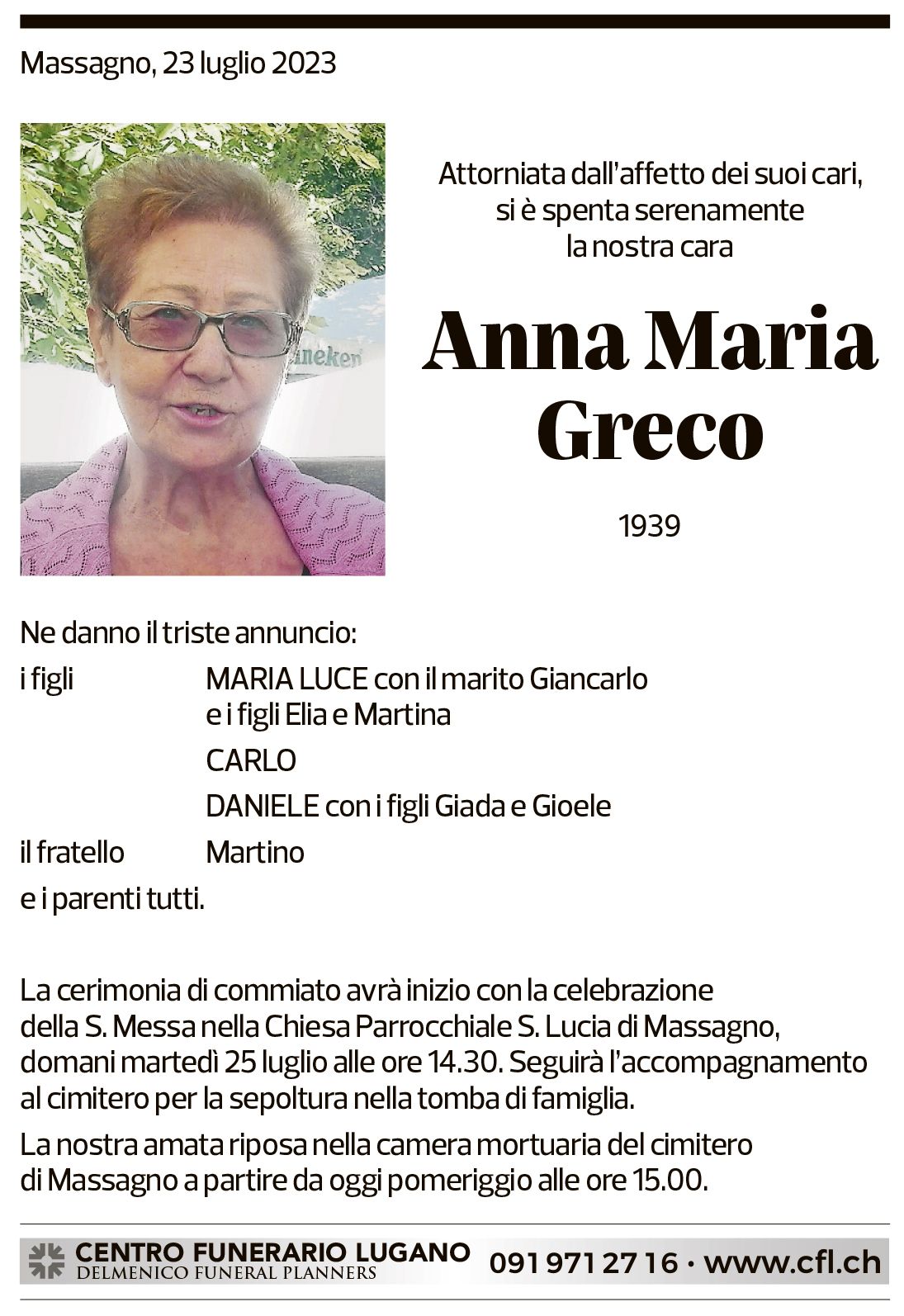 Annuncio funebre Anna Maria Greco