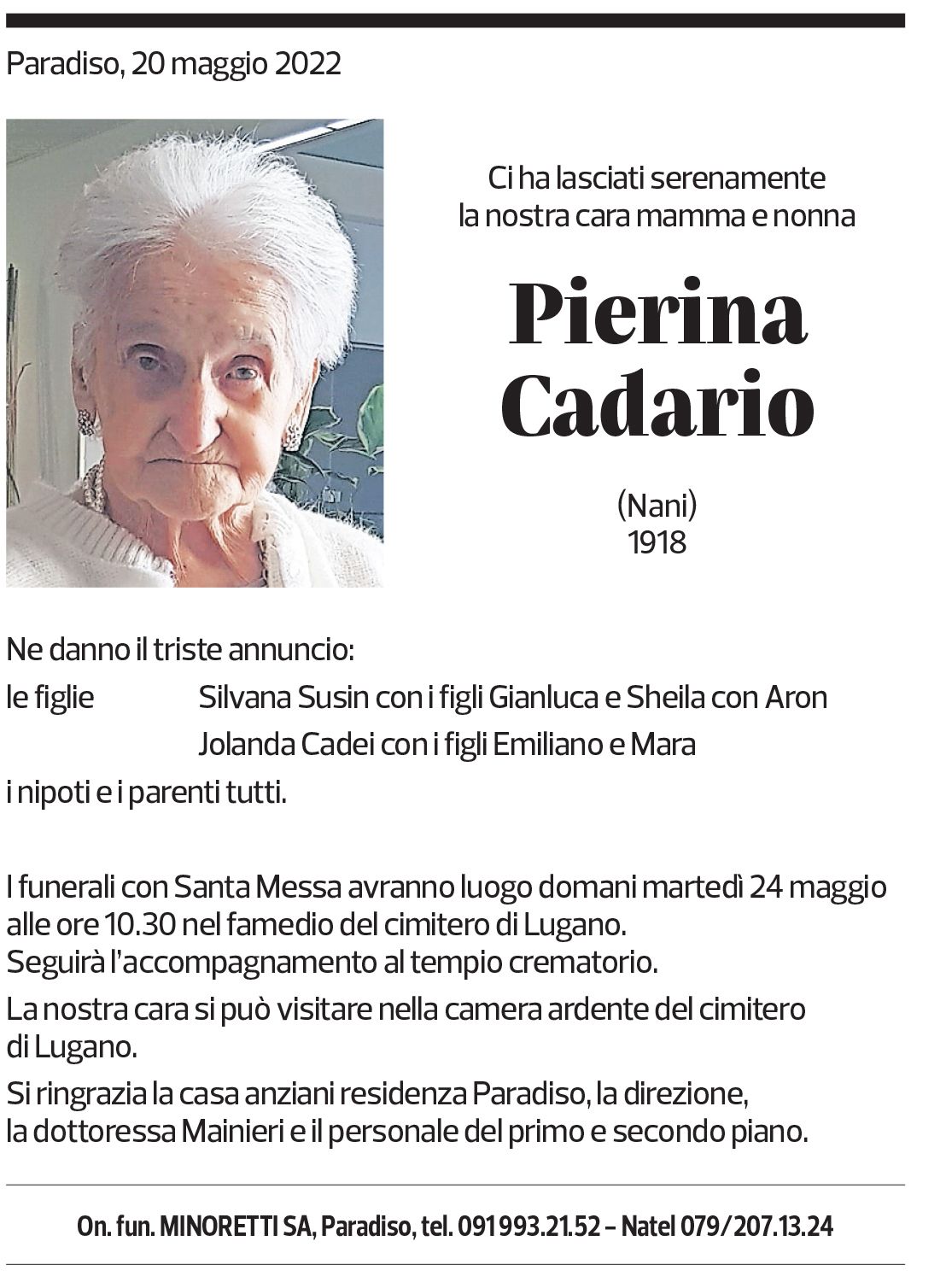 Annuncio funebre Pierina Cadario