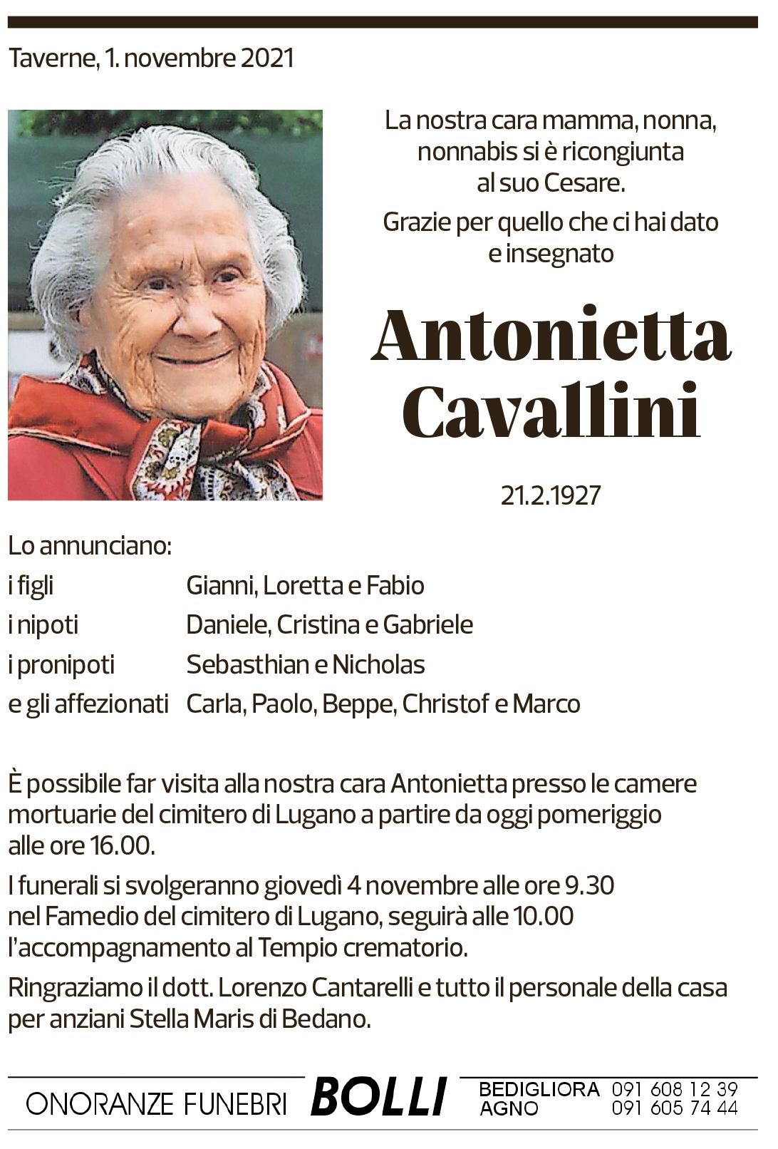 Annuncio funebre Antonietta Cavallini