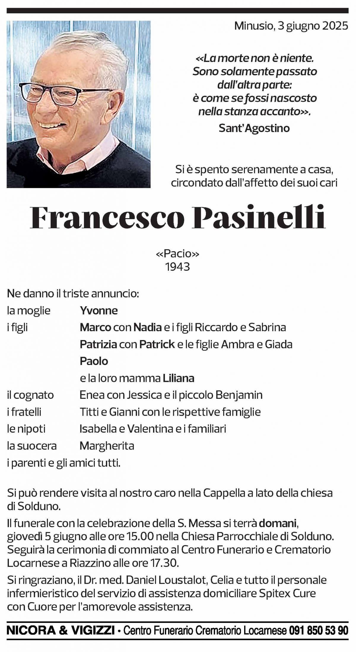 Annuncio funebre Francesco Pasinelli