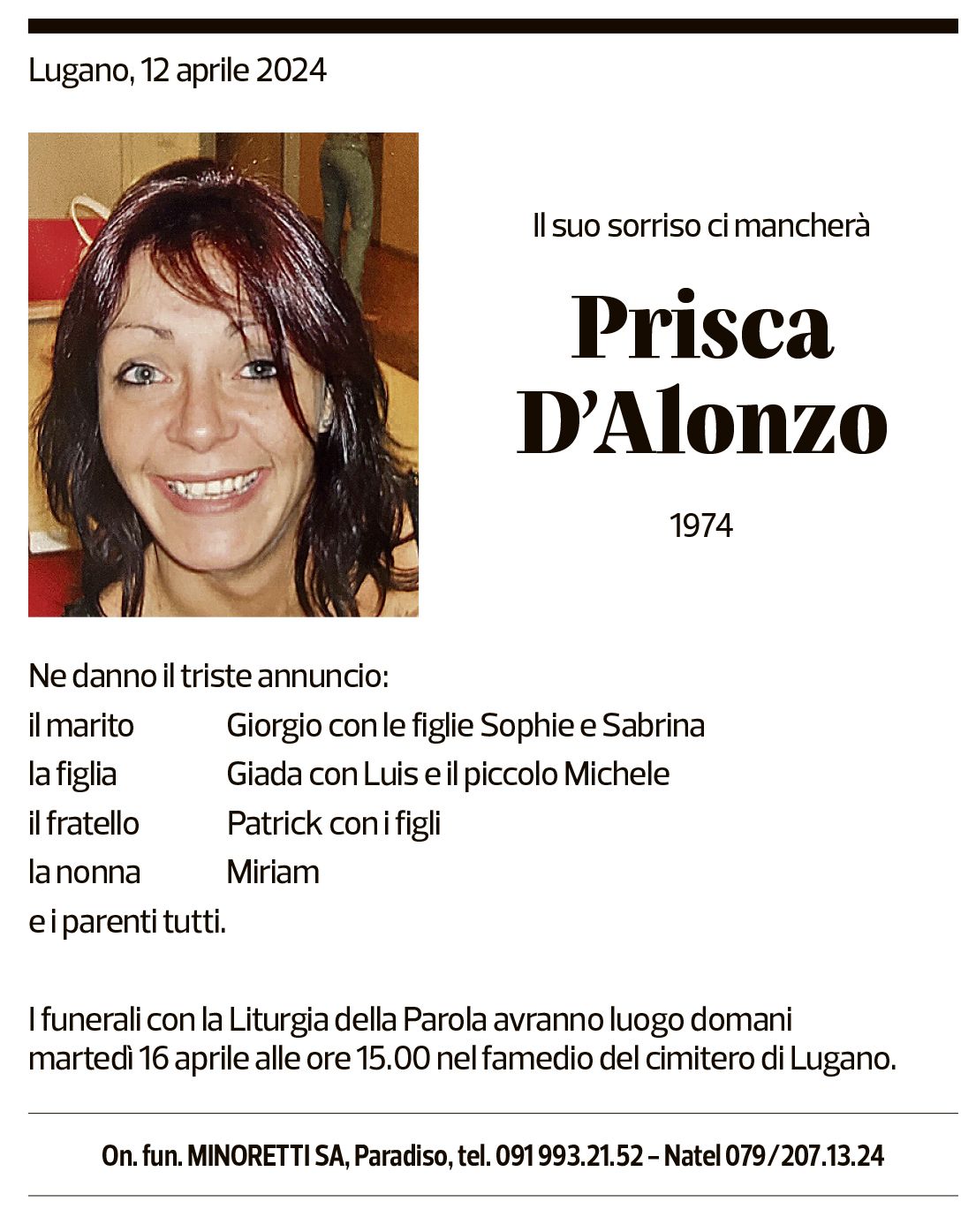 Annuncio funebre Prisca D'alonzo