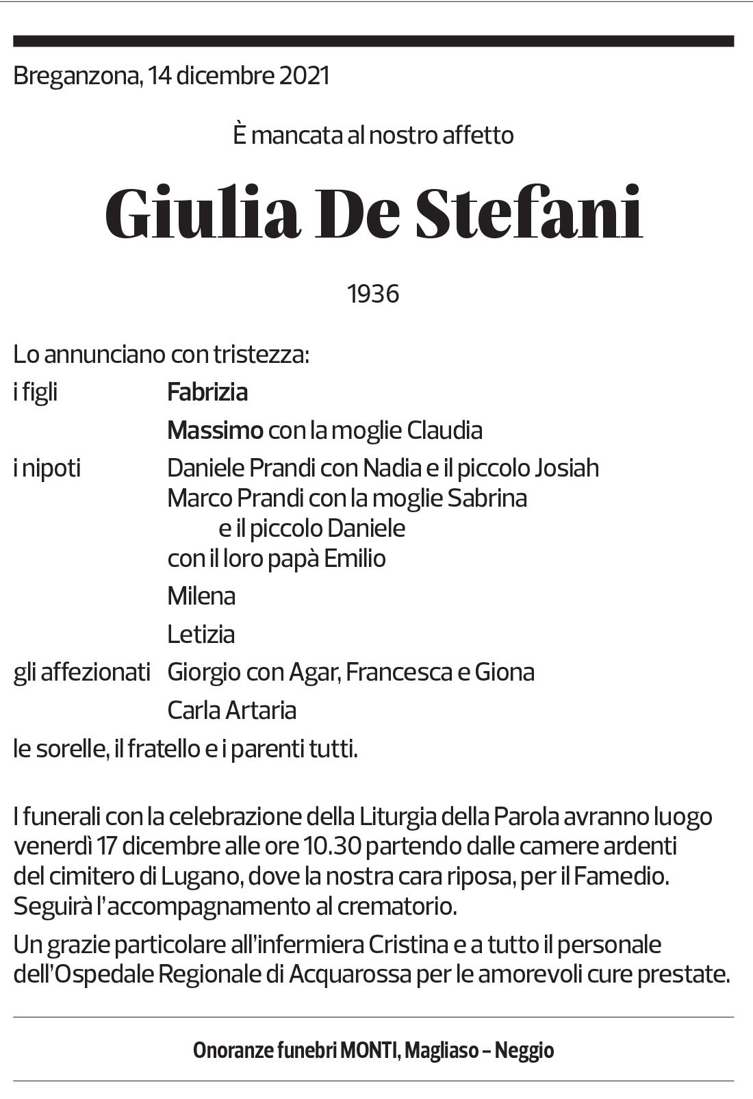 Annuncio funebre Giulia De Stefani