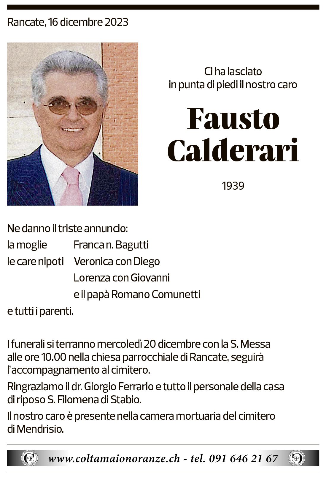 Annuncio funebre Fausto Calderari