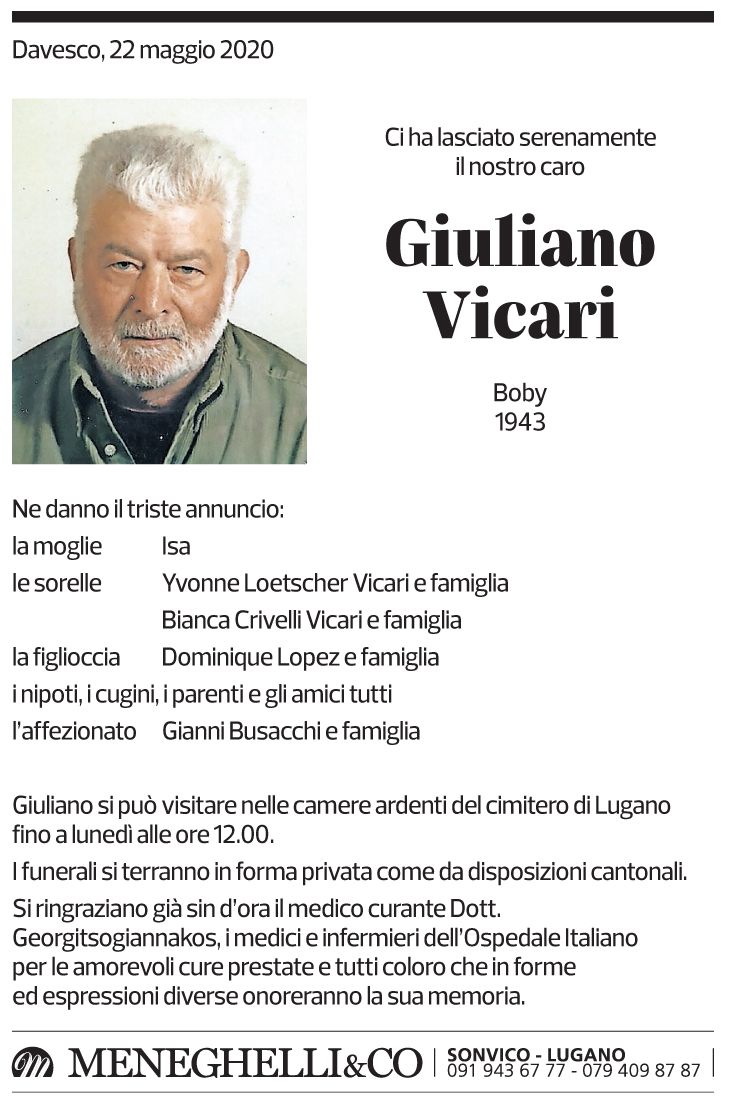 Annuncio funebre Giuliano Vicari