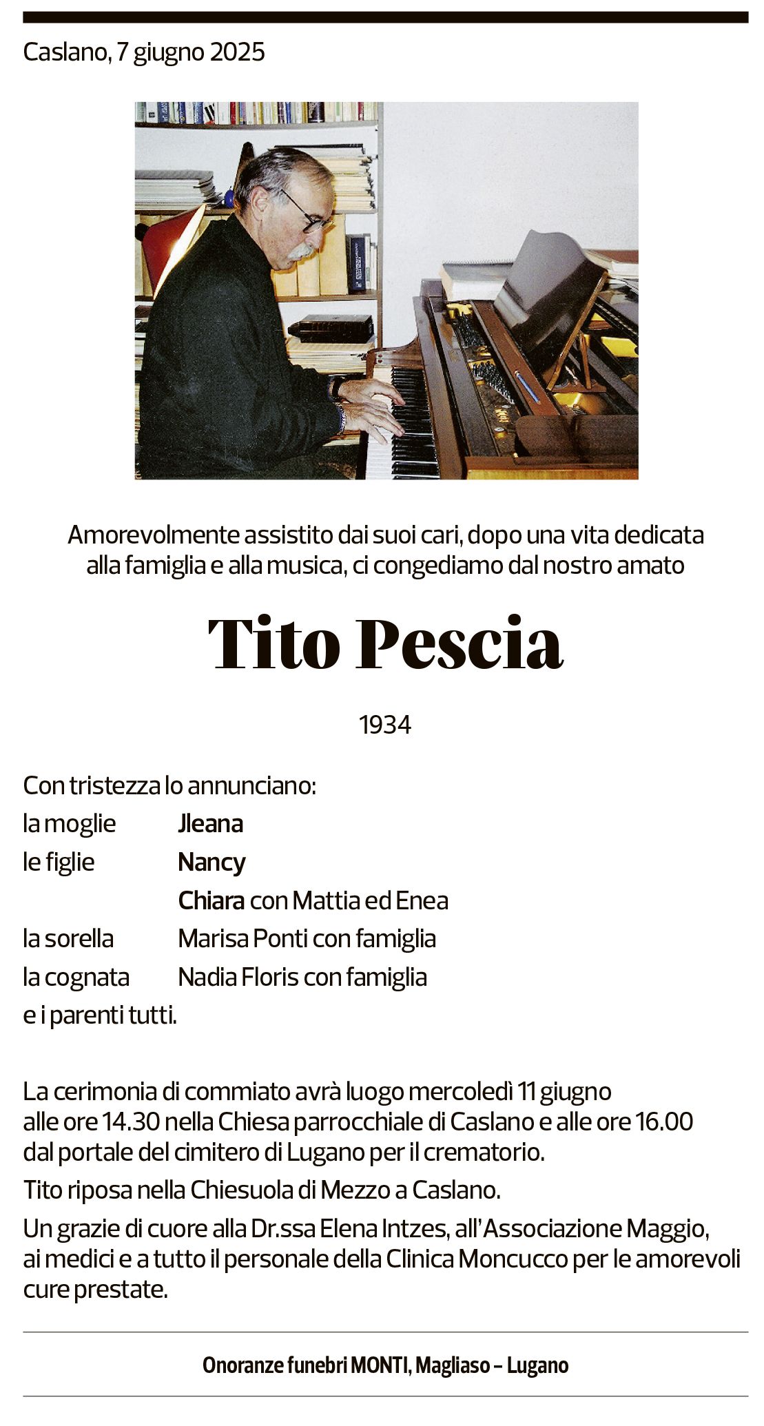 Annuncio funebre Tito Pescia