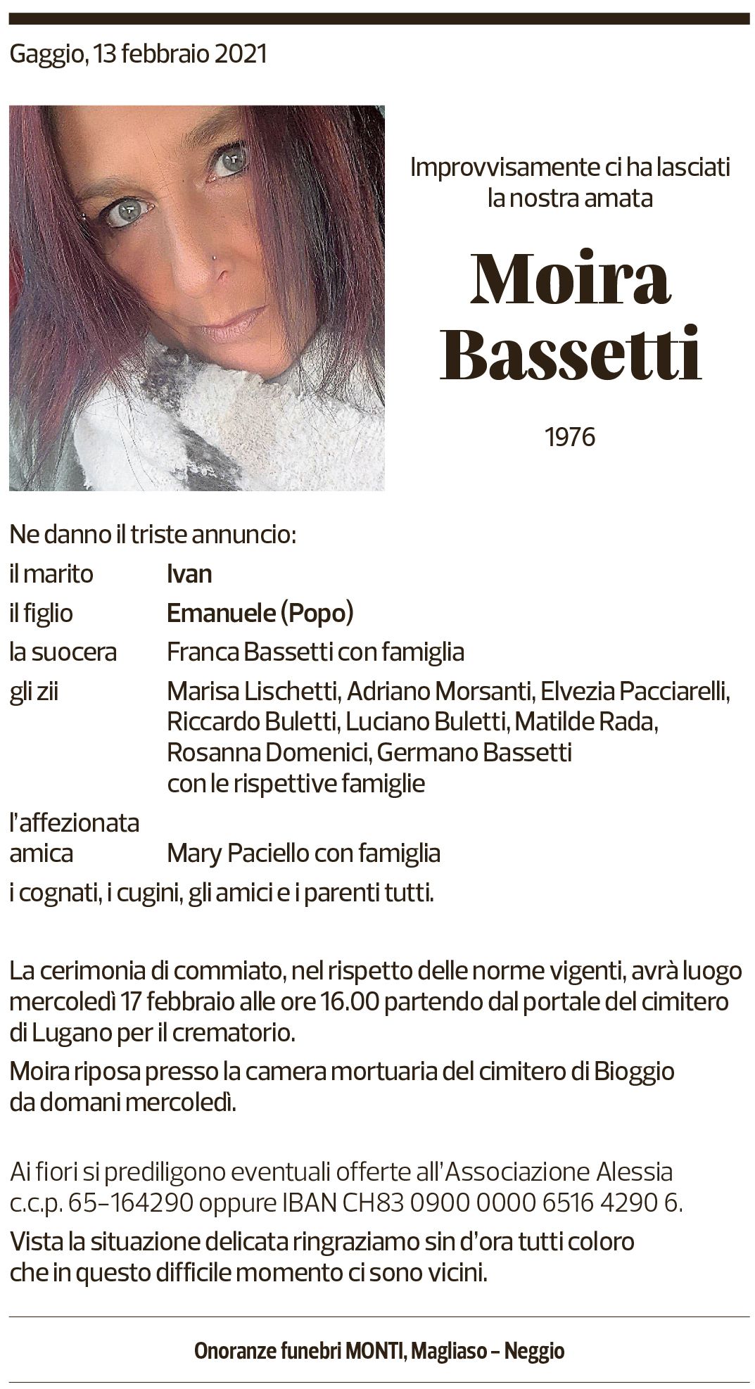 Annuncio funebre Moira Bassetti