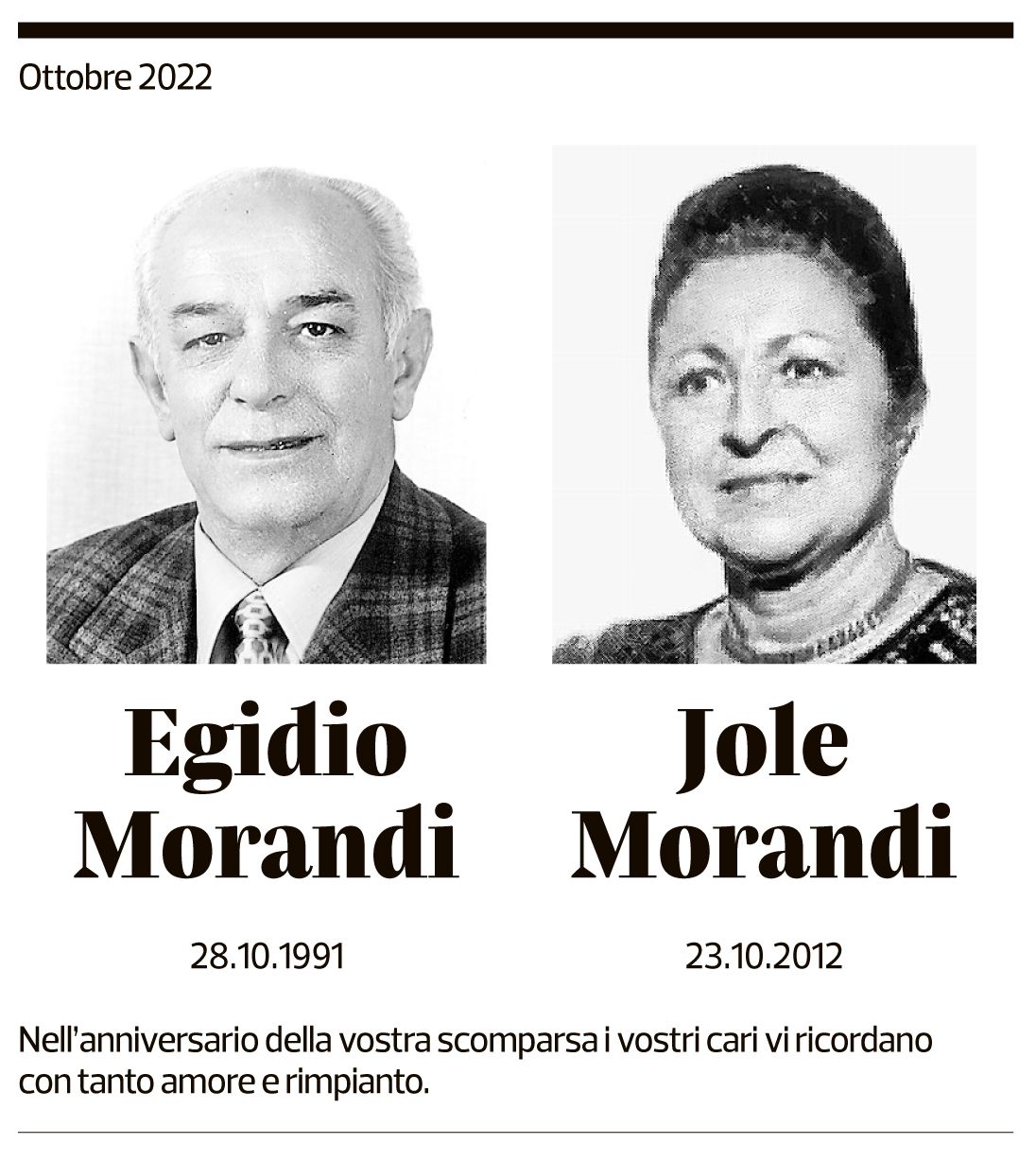 Annuncio funebre Egidio Morandi Jole Morandi