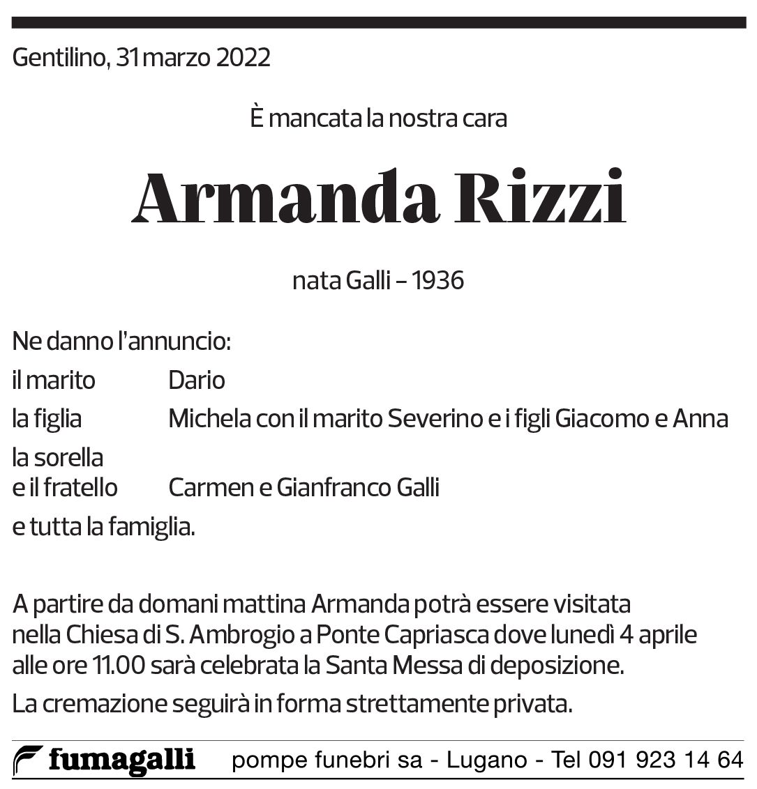 Annuncio funebre Armanda Rizzi