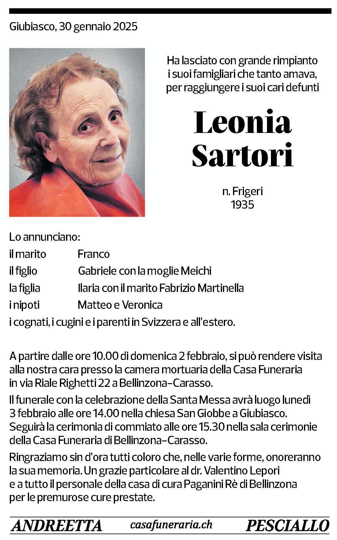 Annuncio funebre Leonia Sartori
