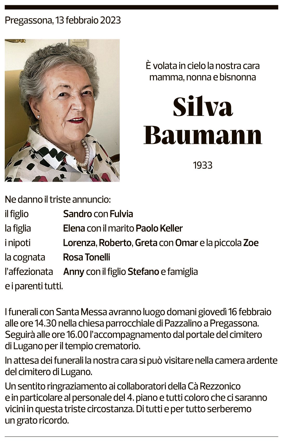 Annuncio funebre Silva Baumann