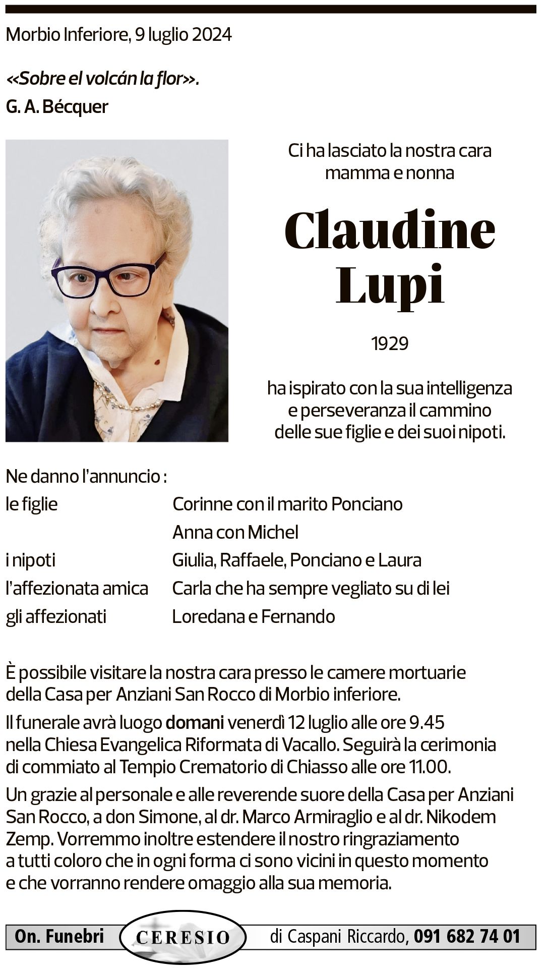 Annuncio funebre Claudine Lupi