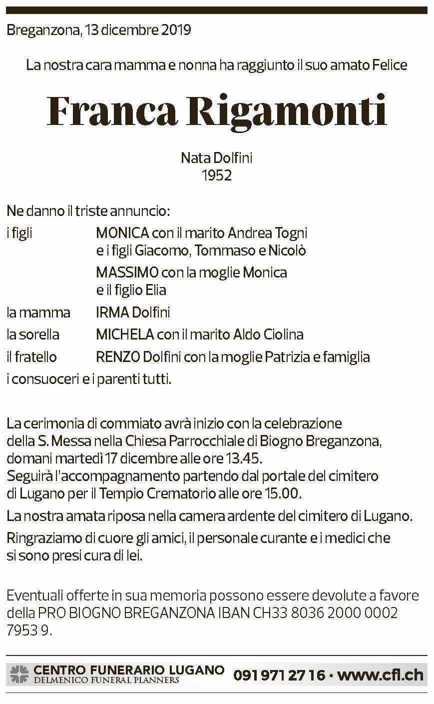 Annuncio funebre Franca Rigamonti