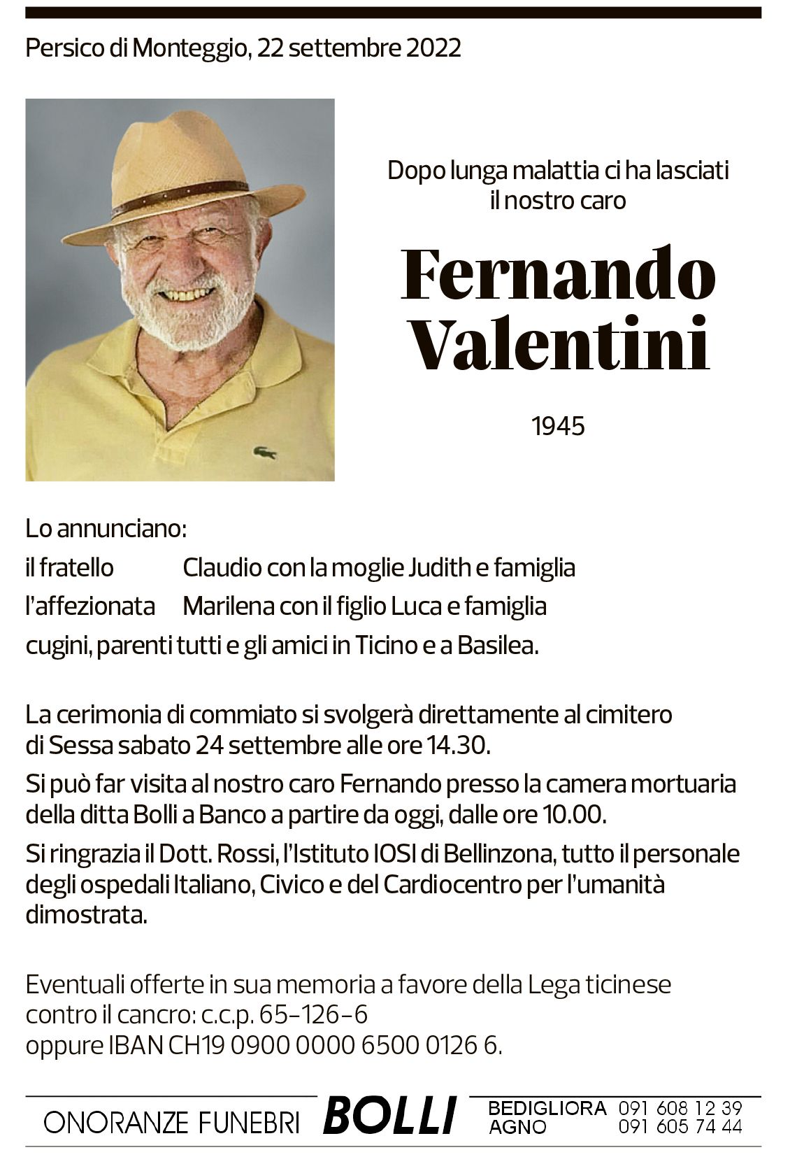 Annuncio funebre Fernando Valentini