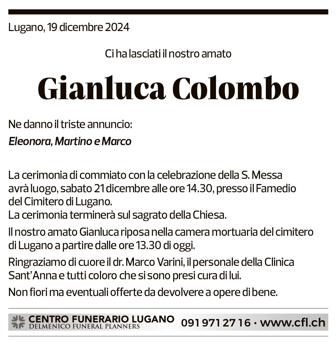 Annuncio funebre Gianluca Colombo