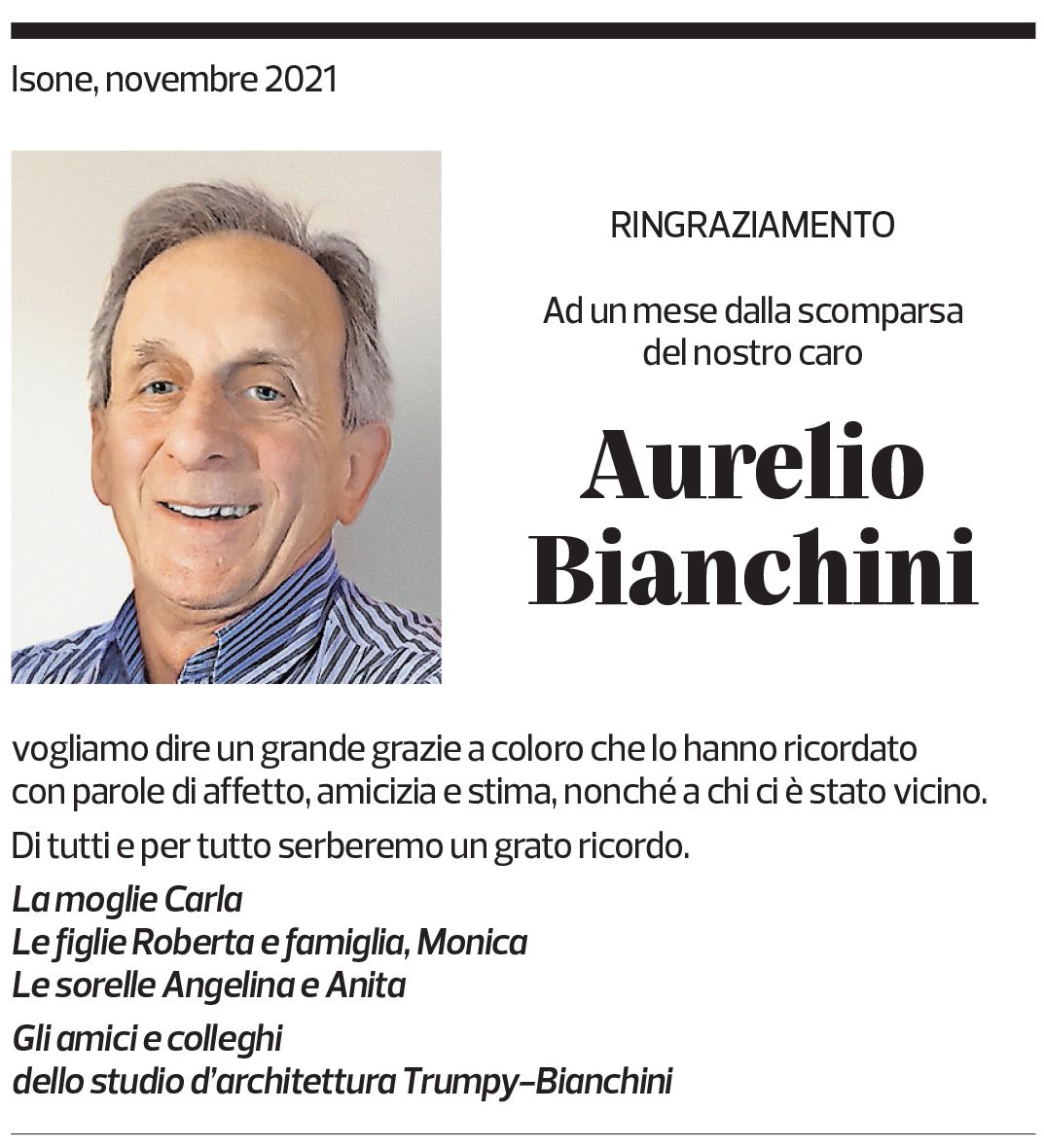 Annuncio funebre Aurelio Bianchini