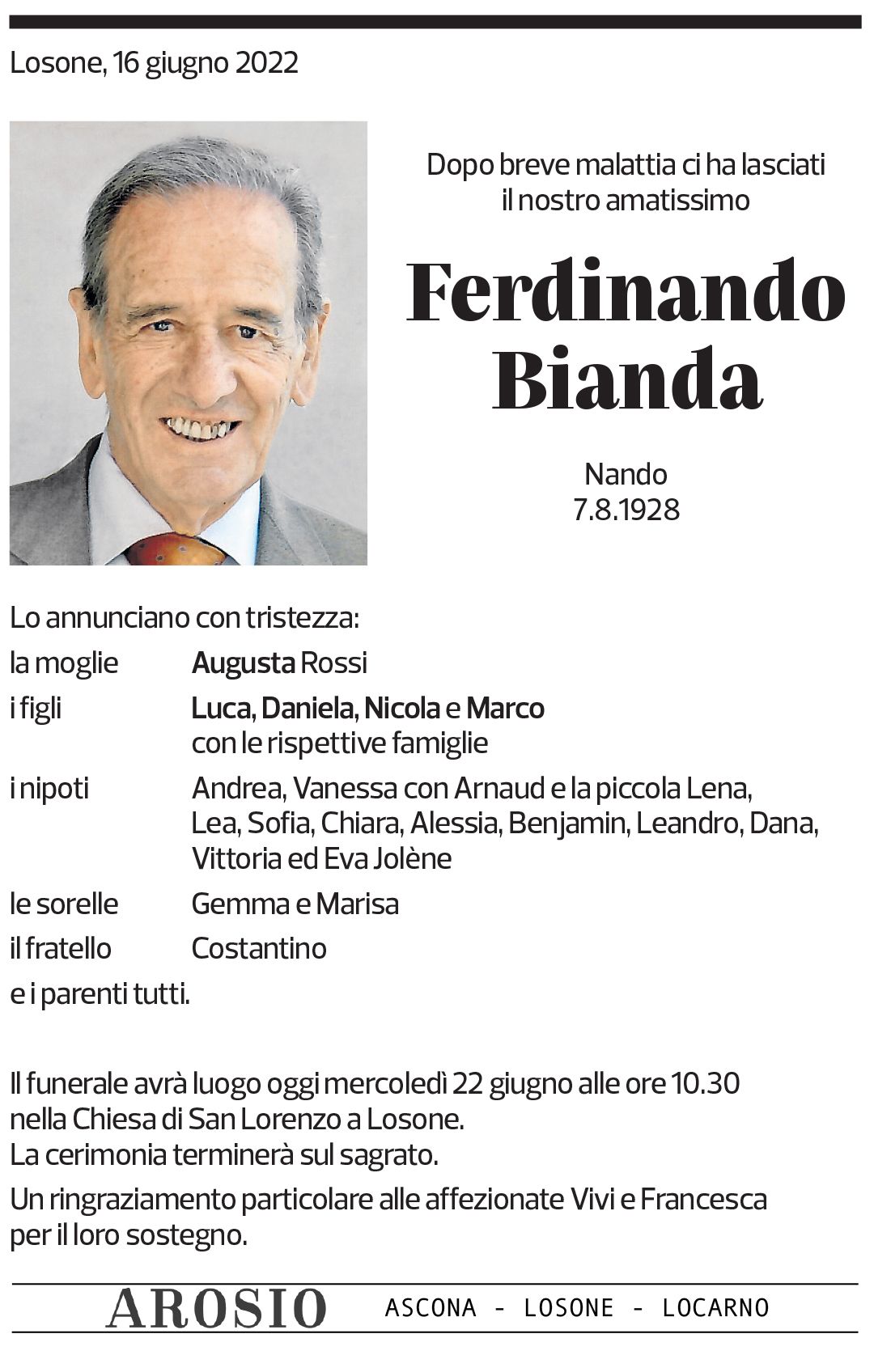 Annuncio funebre Ferdinando Bianda