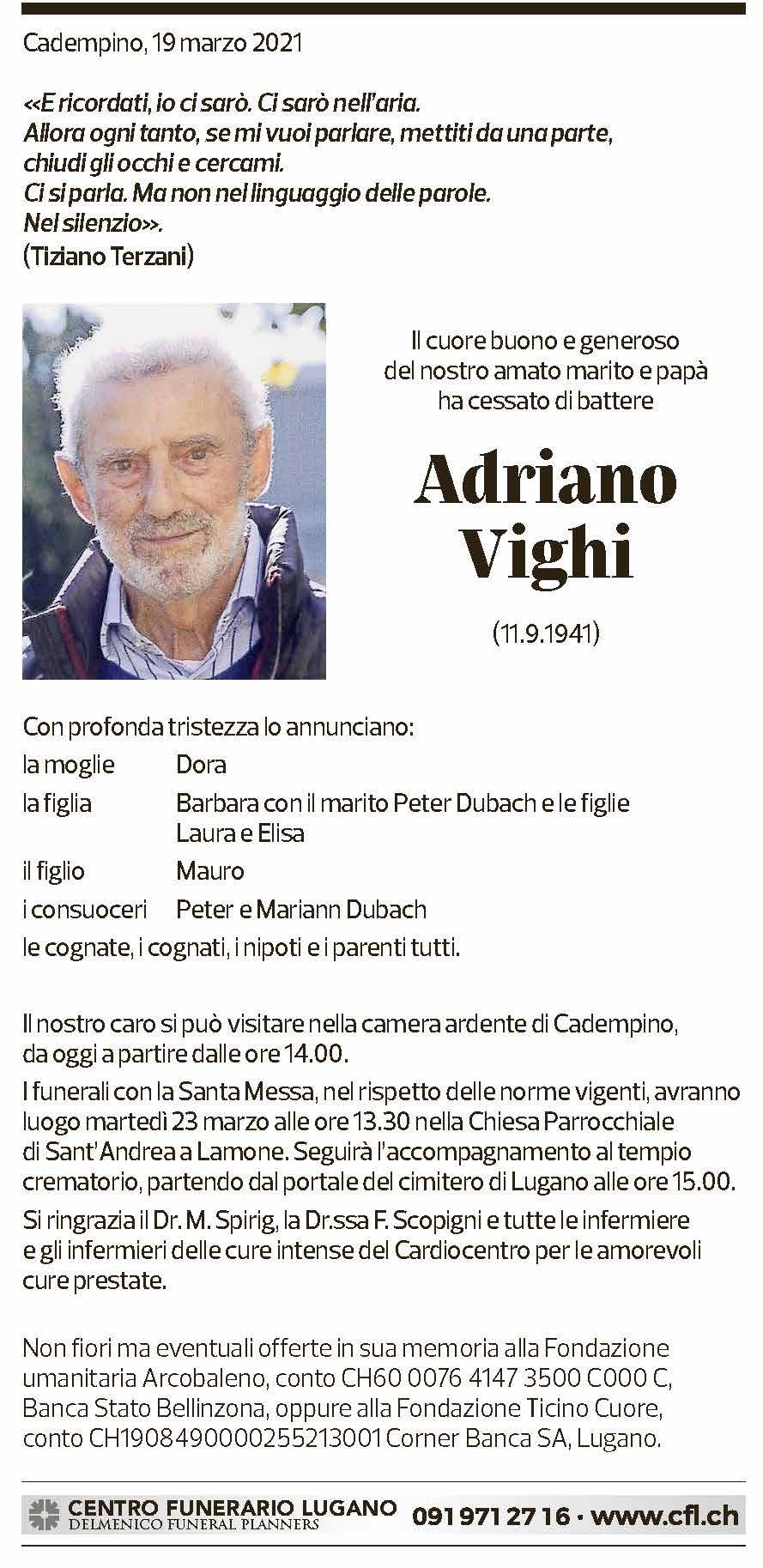 Annuncio funebre Adriano Vighi