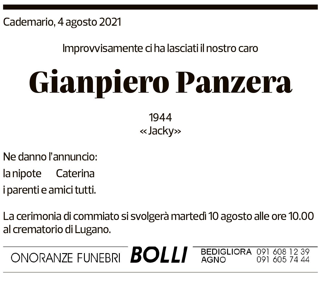 Annuncio funebre Gianpiero Panzera