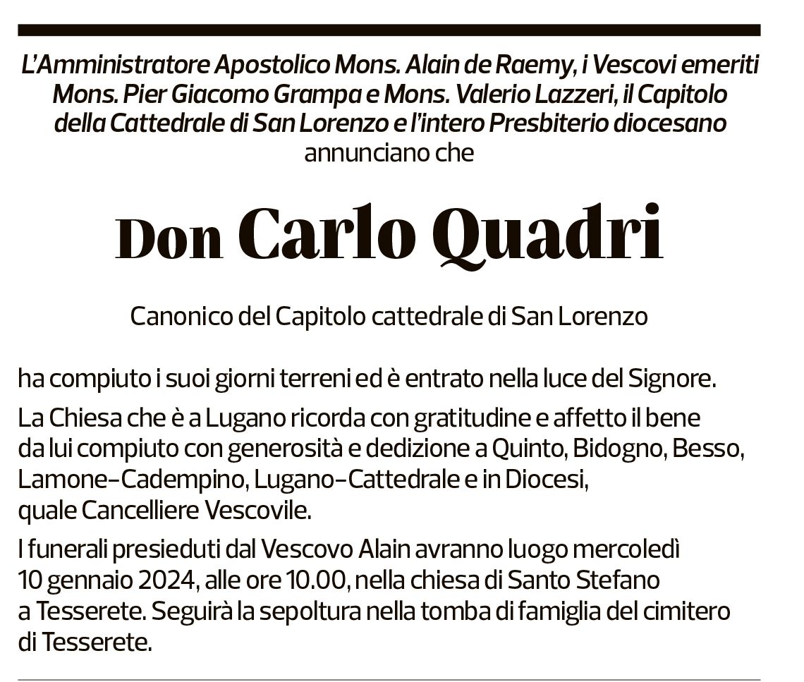 Annuncio funebre Don Carlo Quadri