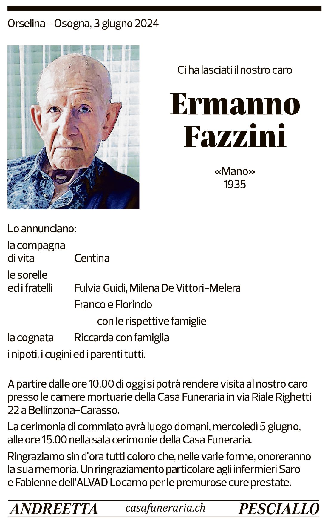 Annuncio funebre Ermanno Fazzini