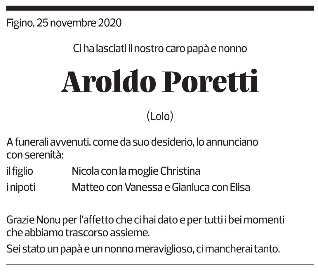 Annuncio funebre Aroldo Poretti
