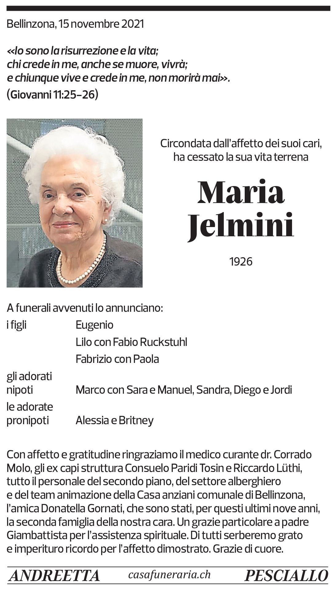 Annuncio funebre Maria Jelmini